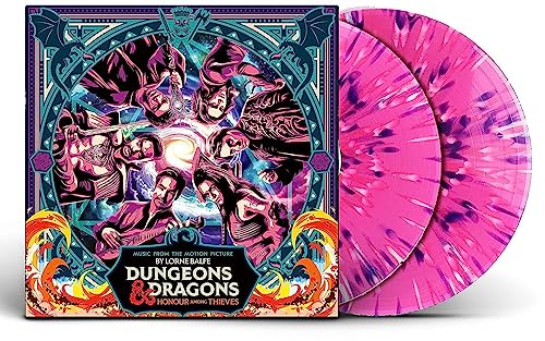 Vinyl records and cover with fantasy artwork and pink, purple splatter design.