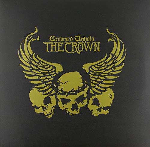 Black vinyl album cover with gold illustration of three skulls and wings, text above.