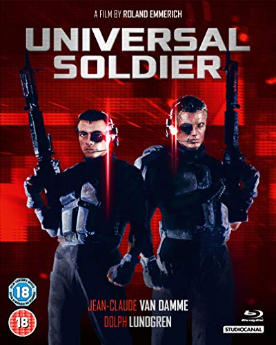 Universal Soldier Blu-ray cover featuring Jean-Claude Van Damme and Dolph Lundgren with rifles.