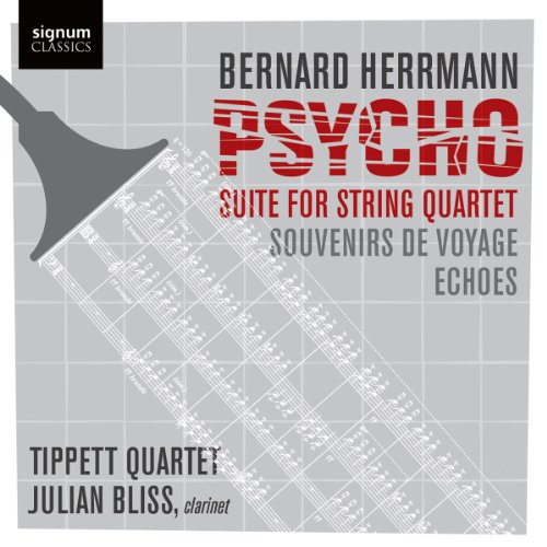 CD cover for Herrmann’s “Psycho” suite with musical score background.