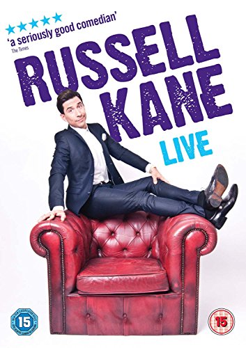 Russell Kane sits relaxed on a red leather armchair, DVD cover.