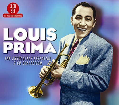 Louis Prima holding a trumpet on a 3-CD set cover with multicolored background.