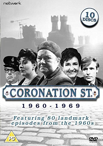 "Coronation Street 1960-1969 DVD cover featuring five actors against a cobblestone background."