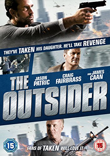 DVD cover for "The Outsider" featuring a man holding a gun, with action scenes.