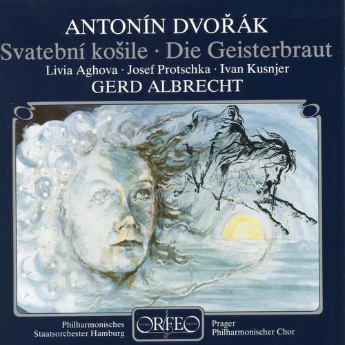 CD cover for Dvořák’s “Die Geisterbraut” featuring a painted portrait and riders.
