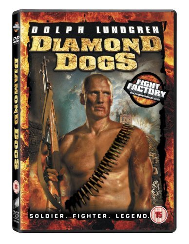 DVD cover for "Diamond Dogs" featuring Dolph Lundgren with a machine gun.