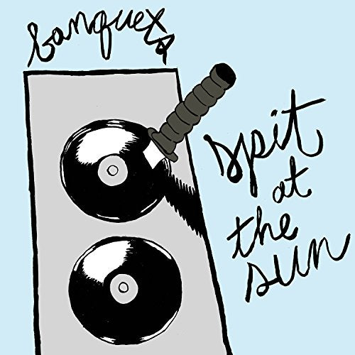 "Black and white illustration of vinyl records with a sword, on light blue background."