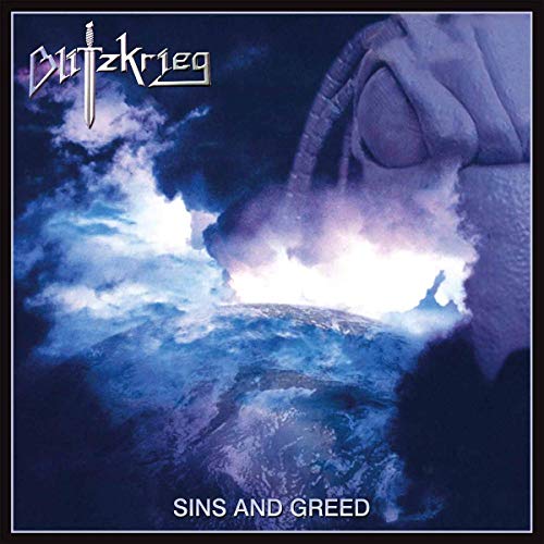 Album cover art: "Sins and Greed" by Blitzkrieg, featuring a hand and cloudy sky.