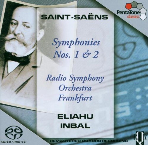 Saint-Saëns symphonies CD cover with portrait and text on a gray background.