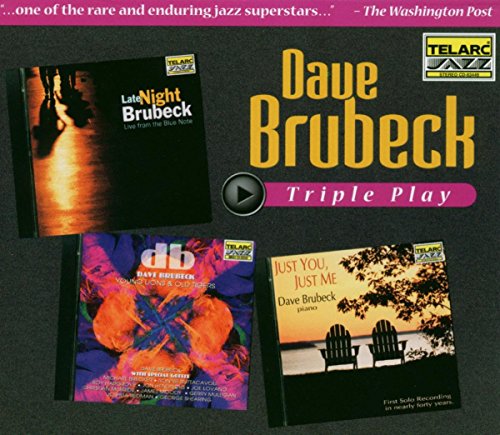"CD cover for Dave Brubeck's 'Triple Play' featuring three jazz album covers."