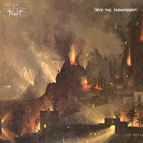 "Celtic Frost album cover, 'Into the Pandemonium', showing a burning medieval town."