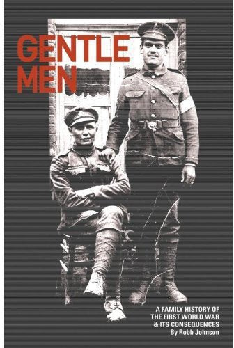 "Book cover with black and white soldiers image and red title 'Gentle Men' on striped background."