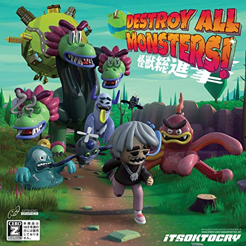 "Album cover featuring a cartoon character running from various monsters in a grassy landscape."