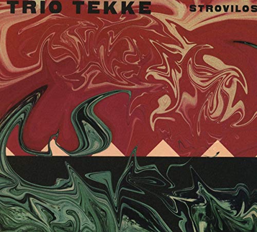 "Album cover with red and green swirling patterns, 'Trio Tekke Strovilos' text."