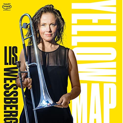 WomanLLise Wessberg holding a trombone against a bright yellow background with whiteLise Wessberg holding a trombone against