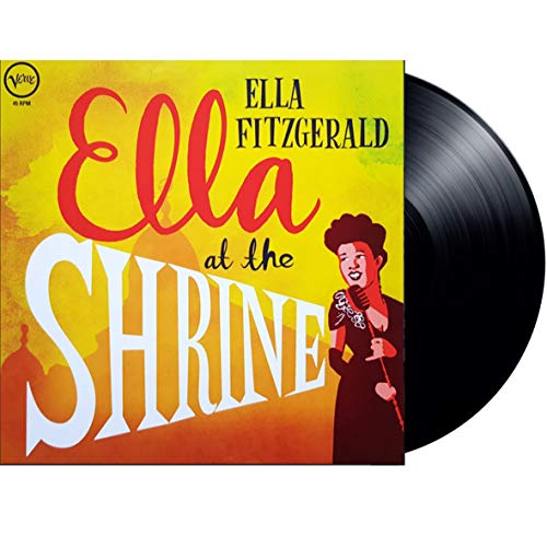 "Ella Fitzgerald album cover featuring cartoon Ella singing into a microphone, green and brown background."
