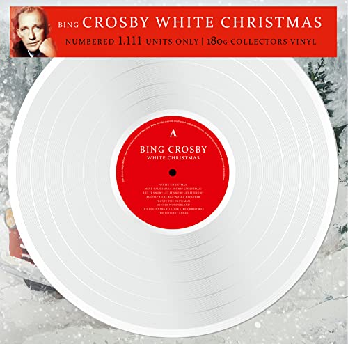 White vinyl record of Bing Crosby’s “White Christmas” with red label.