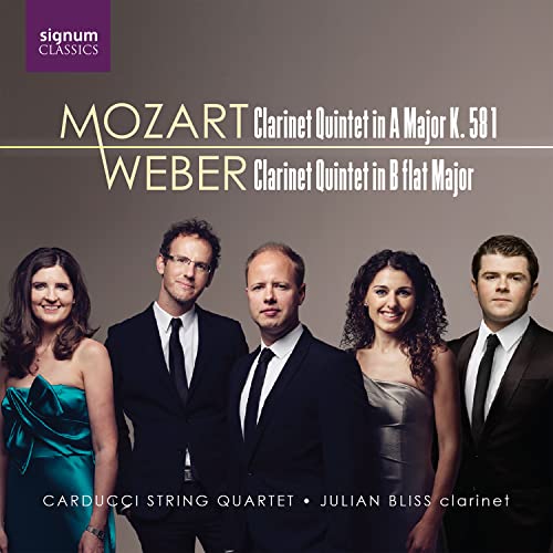 CD cover featuring a string quartet and clarinetist, with composers’ names.