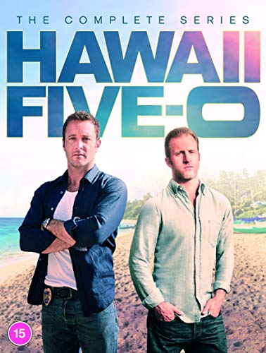 Hawaii Five-O" DVD cover featuring two men on a beach with palm trees.