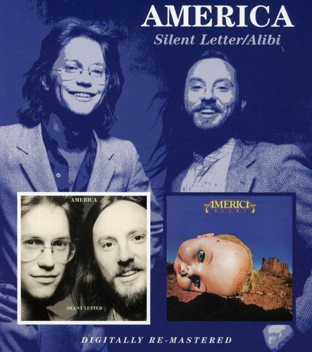 "CD cover with blue-toned portraits and album artwork for 'America: Silent Letter/Alibi'."
