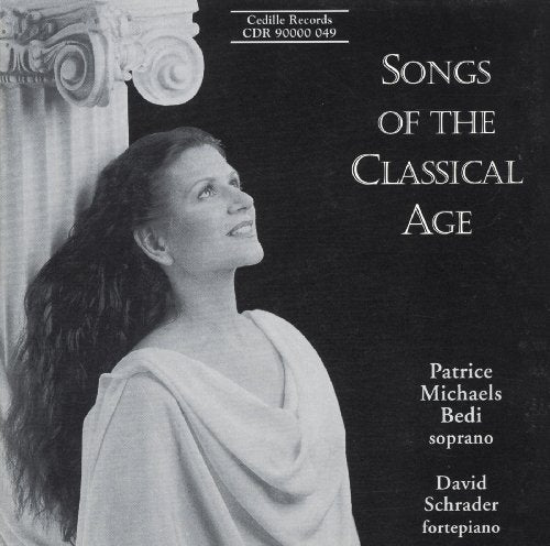 Black and white CD cover with a woman in classical attire beside a column.