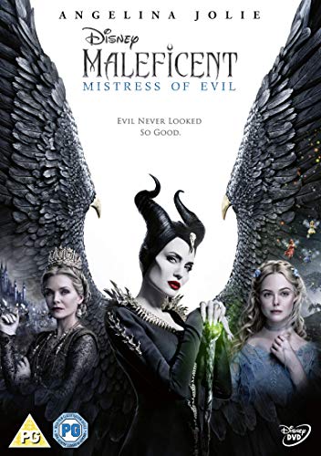 DVD cover featuring Angelina Jolie as Maleficent with horns and dark wings, holding a green orb.