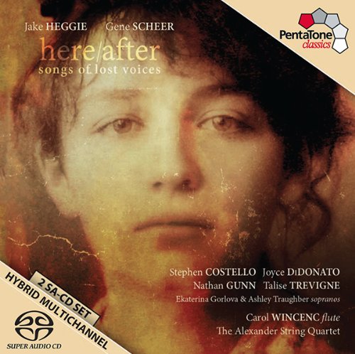 "CD cover with a sepia-toned portrait and text describing the album 'here/after'."