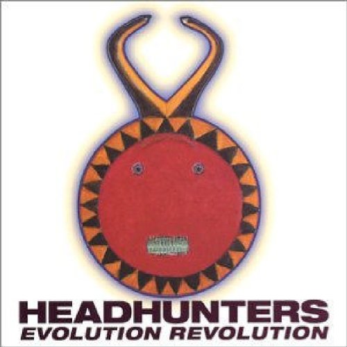 "Album cover with red tribal mask and 'Headhunters Evolution Revolution' text on a white background."