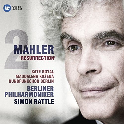 CD cover with conductor Simon Rattle's face and Mahler Symphony No. 2 details.