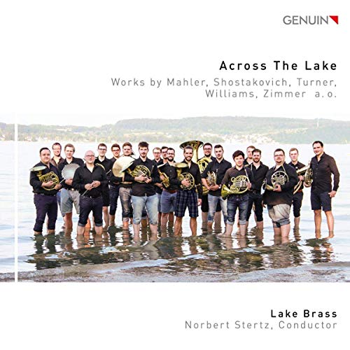CD cover: Lake Brass ensemble standing in shallow water.