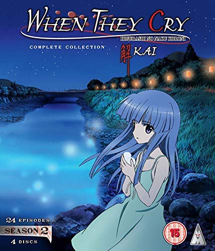 Anime girl with blue hair standing by a river at night, Blu-ray cover art.