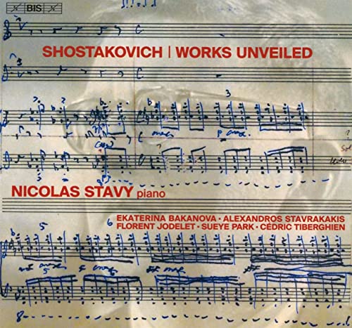 CD cover for "Shostakovich: Works Unveiled" by Nicolas Stavy, featuring sheet music.
