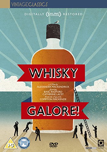 DVD cover for "Whisky Galore" featuring a large whisky bottle and figures.