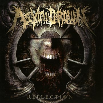 Album cover with a grotesque face in a metal ring, sharp teeth, and dark background.