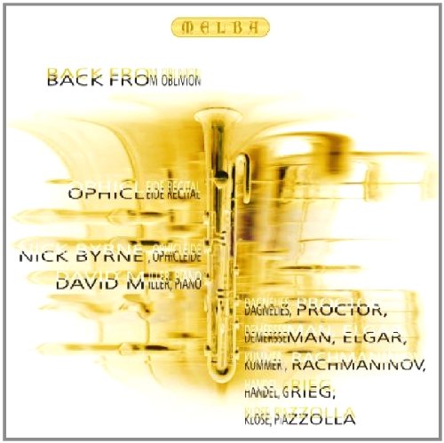 "CD cover with a yellow-tinted image of an ophicleide and text listing the artist and tracks."