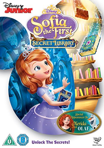 "Sofia the First: The Secret Library DVD cover featuring a princess in a purple dress."