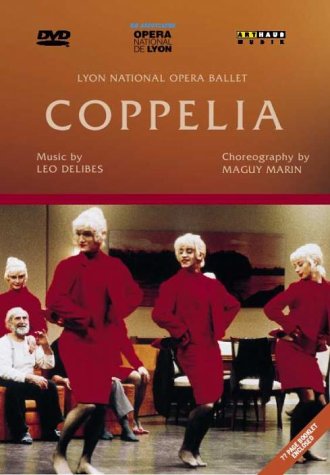 DVD cover for “Coppelia” ballet featuring dancers in red dresses.