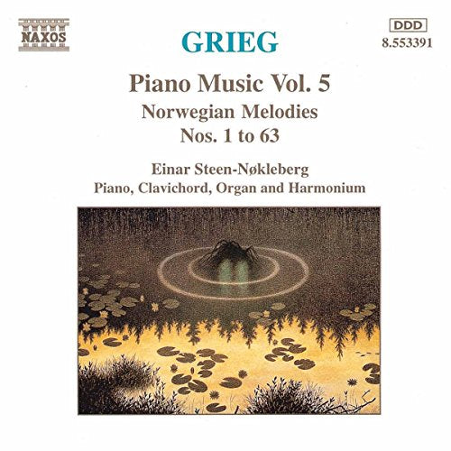 "CD cover featuring Grieg's Piano Music Vol. 5 with serene lake illustration."