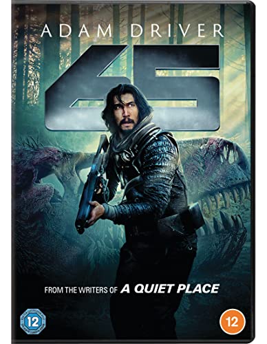 DVD cover for sci-fi film "65" featuring Adam Driver and dinosaurs.