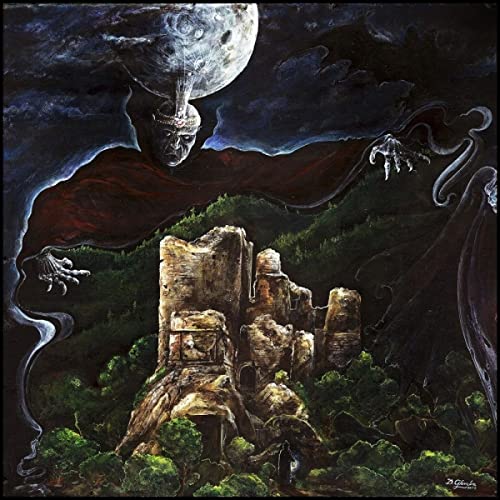 Dark fantasy album cover with ruins, a floating face, and hands.