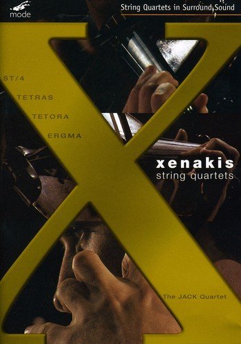 DVD cover for Xenakis’ string quartets featuring a yellow “X” and violinists’ hands.