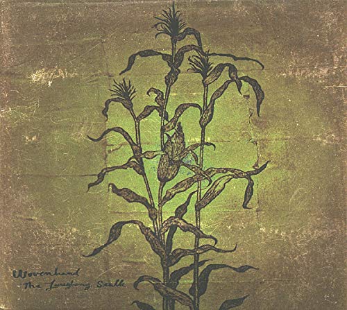 A dark illustration of corn stalks on a textured, olive-green and brown background.