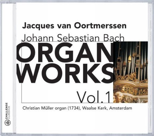The alt text for the image is: "CD cover with ornate organ pipes and text about Bach's organ works."