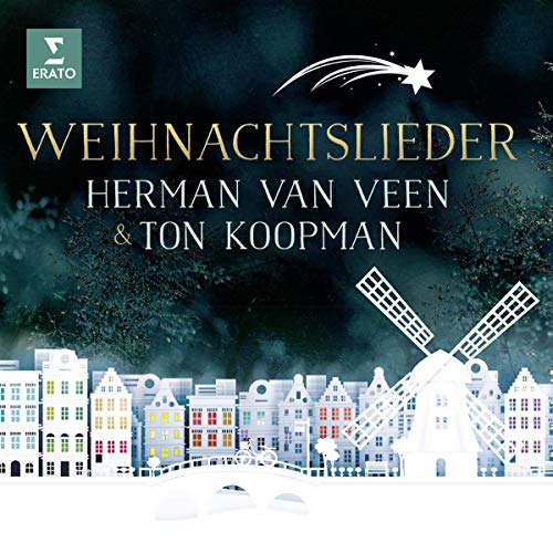 "CD cover featuring a snowy Dutch town with a windmill and shooting star."