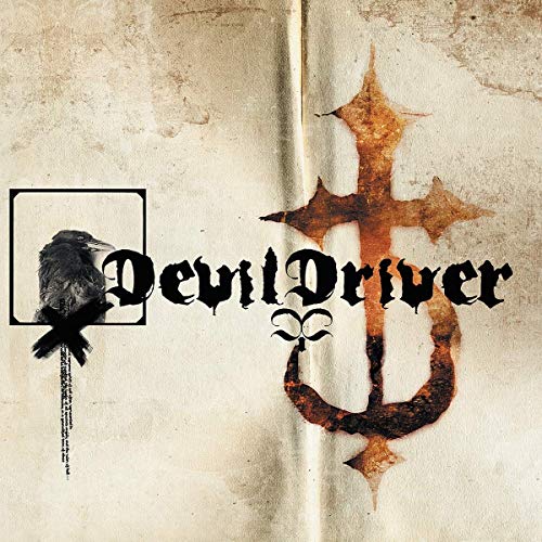 "Album cover with 'DevilDriver' text and inverted cross on a worn, off-white background."
