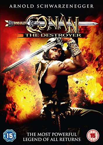 Conan The Destroyer" DVD cover featuring Arnold Schwarzenegger with a sword.