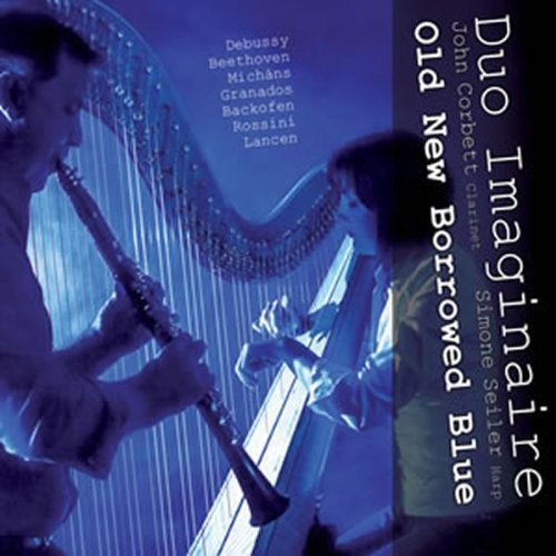"CD cover with man playing clarinet and woman playing harp, blue-toned image."
