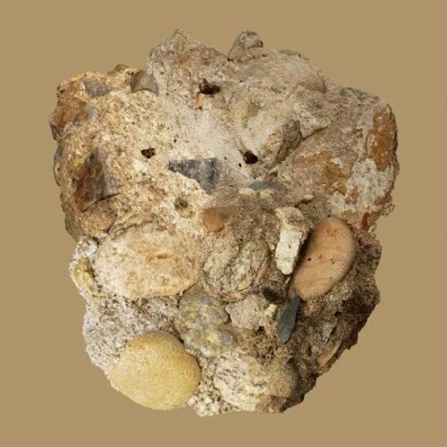 Rough, textured rock formation against a solid tan background.