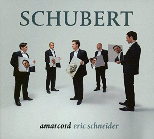 "CD cover featuring six men in suits holding their portraits, with 'SCHUBERT' at the top."