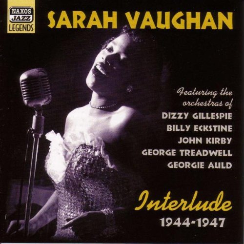 Sarah Vaughan sings into a microphone, wearing a sparkly dress, on a CD cover.